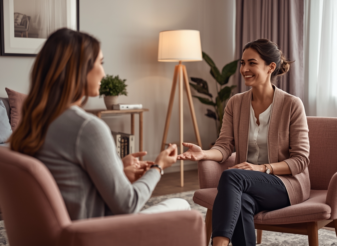 Supportive life coaching session in a calm professional setting