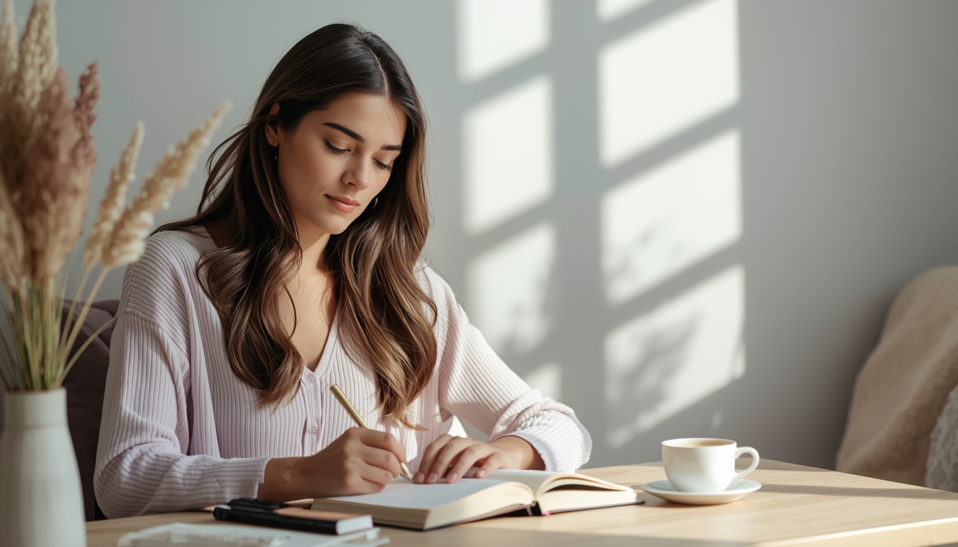 Peaceful mindfulness self-care scene with journaling and tea