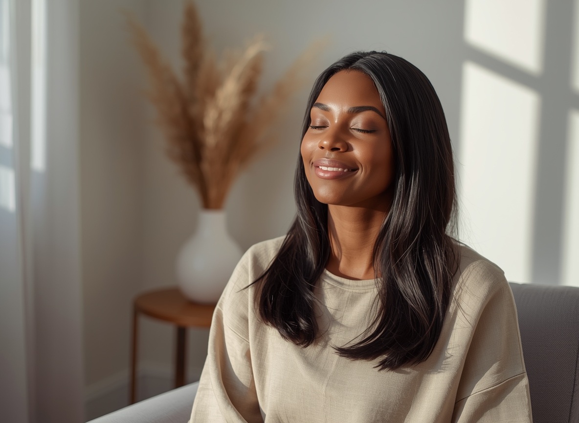 Woman practicing mindfulness in a calming wellness space